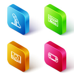 Sticker - Set Isometric line Microphone, Create account screen, Video game console and Portable video icon. Vector