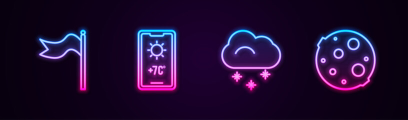 Wall Mural - Set line Meteorology windsock wind vane, Weather forecast, Cloud with snow and Moon. Glowing neon icon. Vector