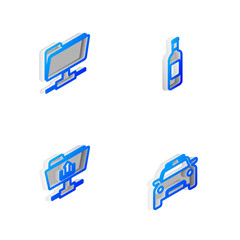 Poster - Set Isometric line Bottle of wine, FTP folder, upload and Police car and flasher icon. Vector