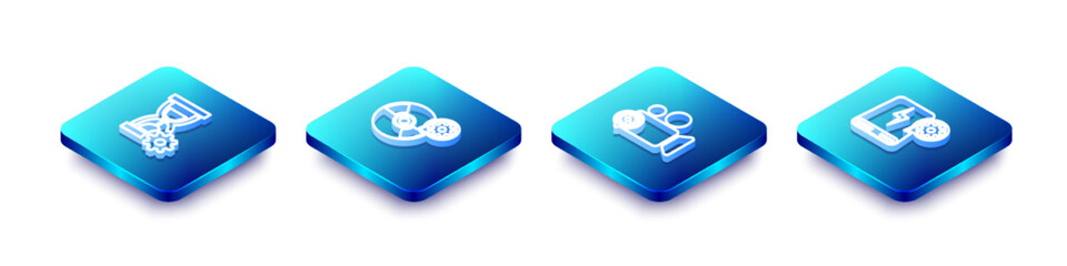 Poster - Set Isometric line Hourglass setting, CD or DVD disk, Video camera and Power bank icon. Vector