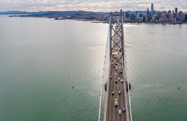 Sticker - Aerial: Bay bridge over the sea in the morning. Drone view