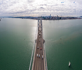 Poster - Aerial: bridge over the ocean in the morning. Drone view