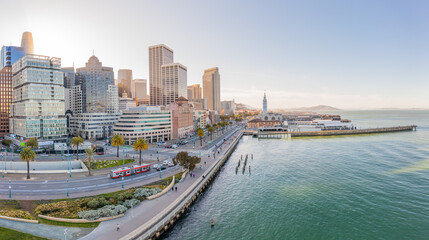Wall Mural - Aerial: San Francisco cityscape and harbor. Drone view 
