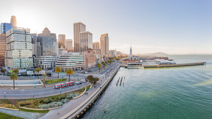 Poster - Aerial: San Francisco cityscape and harbor. Drone view 
