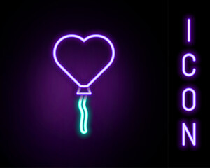 Poster - Glowing neon line Balloons in form of heart with ribbon icon isolated on black background. Valentines day. Colorful outline concept. Vector