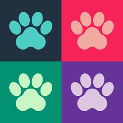 Poster - Pop art Paw print icon isolated on color background. Dog or cat paw print. Animal track. Vector