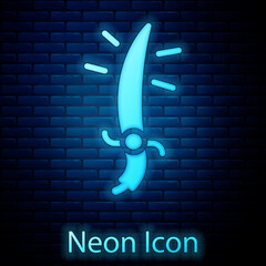 Poster - Glowing neon Arabian saber icon isolated on brick wall background. Vector