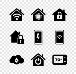 Canvas Print - Set Smart home with wi-fi, House under protection, Humidity, Thermostat, and Mobile charging battery icon. Vector