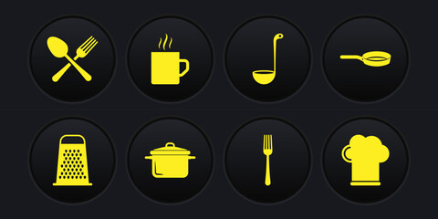 Poster - Set Grater, Frying pan, Cooking pot, Fork, Kitchen ladle, Coffee cup, Chef hat and Crossed fork and spoon icon. Vector