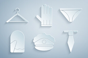 Sticker - Set Police cap with cockade, Men underpants, Christmas mitten, Tie, Leather glove and Hanger wardrobe icon. Vector