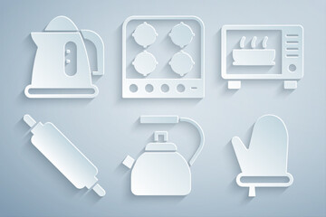 Sticker - Set Kettle with handle, Microwave oven, Rolling pin, Oven glove, Gas stove and Electric kettle icon. Vector