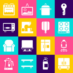 Poster - Set Wardrobe, Office chair, Gas stove, Cooking pot, Coffee machine, Microwave oven, Oven and Cutting board icon. Vector