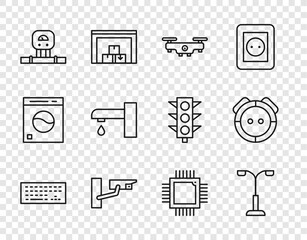 Wall Mural - Set line Keyboard, Street light, Drone flying, Security camera, Smart sensor, Water tap, Processor with microcircuits CPU and Robot vacuum cleaner icon. Vector