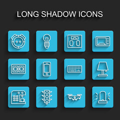 Poster - set line coffee machine, traffic light, robot vacuum cleaner, drone flying, flasher siren, smartphon