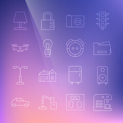 Sticker - Set line Coffee machine, Stereo speaker, Printer, Photo camera, Light bulb, Drone flying, Table lamp and Robot vacuum cleaner icon. Vector