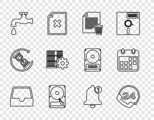 Poster - Set line Social media inbox, Telephone 24 hours support, Delete file document, Hard disk drive HDD, Water tap, Server setting, Bell and Calendar icon. Vector