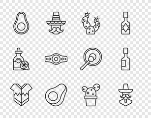 Poster - Set line Poncho, Mexican man sombrero, Cactus, Avocado fruit, Wrestling championship belt, or succulent pot and Tabasco sauce icon. Vector