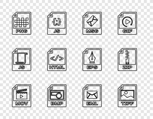 Wall Mural - Set line MOV file document, TIFF, MSG, BMP, PNG, HTML, EML and ZIP icon. Vector