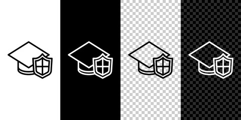 Wall Mural - Set line Graduation cap with shield icon isolated on black and white background. Insurance concept. Security, safety, protection, protect concept. Vector.