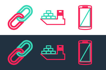 Poster - Set line Smartphone, mobile phone, Chain link and Cargo ship icon. Vector