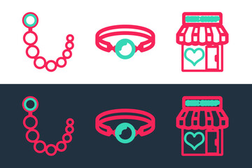 Poster - Set line Sex shop building, Anal beads and Silicone ball gag icon. Vector