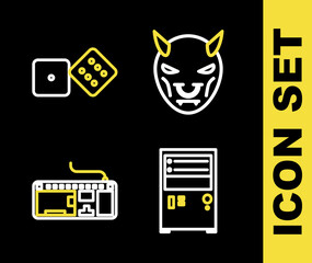 Poster - Set line Mask of the devil with horns, Computer, keyboard and Game dice icon. Vector