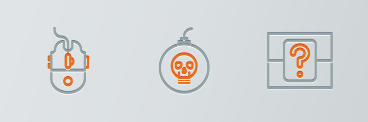 Poster - Set line Mystery or random box, Computer mouse gaming and Bomb ready to explode icon. Vector