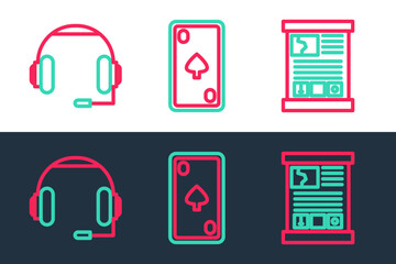 Poster - set line game guide, headphones and playing card with diamonds icon. vector