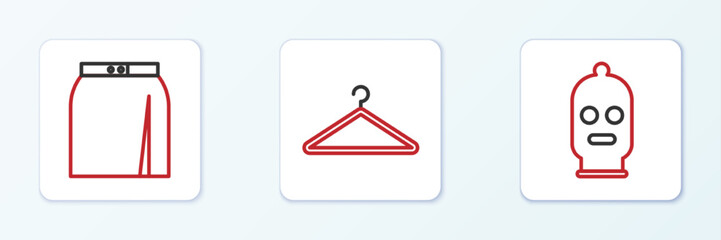 Sticker - Set line Balaclava, Skirt and Hanger wardrobe icon. Vector