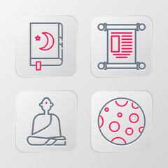 Poster - Set line Moon, Buddhist monk, Decree, paper, parchment, scroll and Holy book of Koran icon. Vector