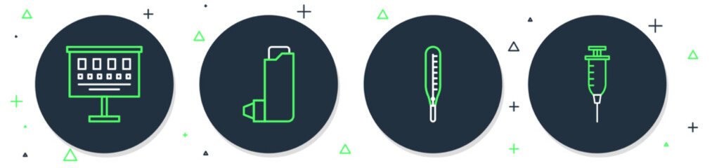 Set line Inhaler, Medical thermometer, Eye test chart and Syringe icon. Vector