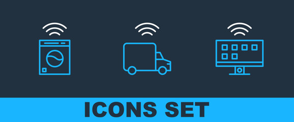 Sticker - Set line Smart Tv system, washer and truck icon. Vector