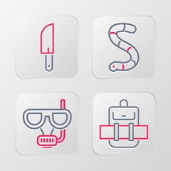 Sticker - Set line Hiking backpack, Diving mask and snorkel, Worm and Knife icon. Vector