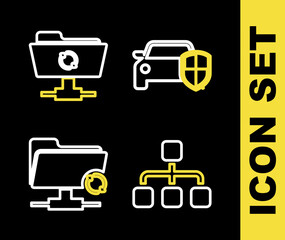 Poster - Set line Car protection or insurance, Hierarchy organogram chart, FTP sync refresh and icon. Vector