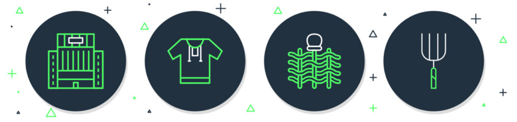 Sticker - Set line Embroidered shirt, Wicker fence, Hotel Ukraina building and Garden pitchfork icon. Vector