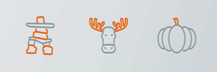 Sticker - Set line Pumpkin, Inukshuk and Moose head with horns icon. Vector