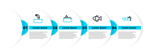 Sticker - Set line Inflatable boat with motor, Fish, Submarine and Periscope icon. Vector