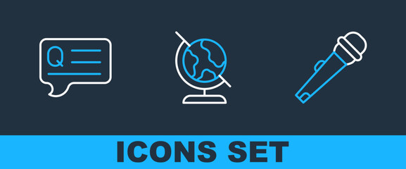 Poster - Set line Microphone, Speech bubbles with Question and Earth globe icon. Vector