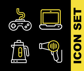 Sticker - Set line Laptop, Hair dryer, Electric kettle and Gamepad icon. Vector