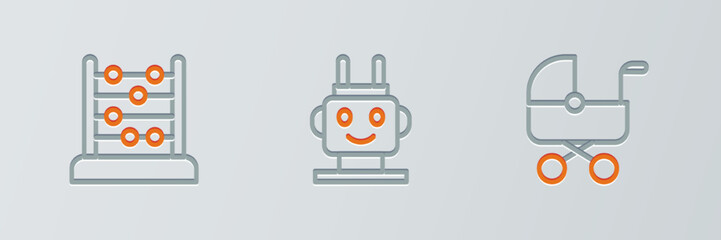 Poster - Set line Baby stroller, Abacus and Robot toy icon. Vector