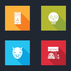 Poster - Set Mobile and playing in game, Skull, Mask of the devil with horns and Racing simulator cockpit icon. Vector