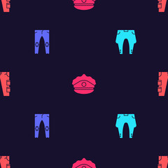 Poster - Set Pants, , Police cap with cockade and Cargo pants on seamless pattern. Vector