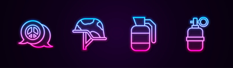 Canvas Print - Set line Peace, Military helmet, Hand grenade and . Glowing neon icon. Vector