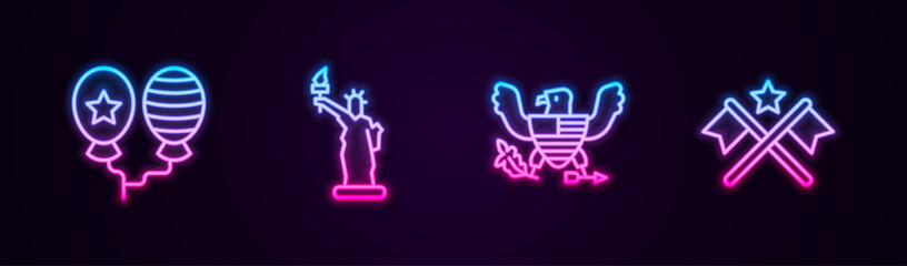 Sticker - Set line Balloons, Statue of Liberty, Eagle and American flag. Glowing neon icon. Vector