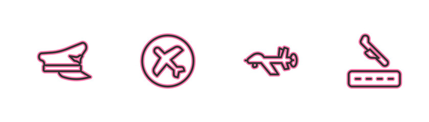 Poster - Set line Pilot hat, UAV Drone, Plane and landing icon. Vector