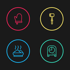 Sticker - Set line Bowl of hot soup, Kitchen timer, hammer and Oven glove icon. Vector