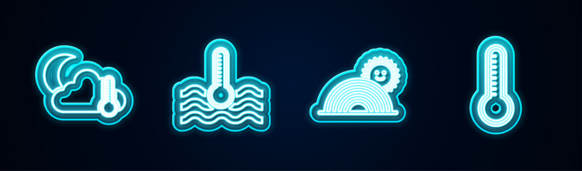 Poster - Set line Thermometer and cloud, moon, Water thermometer, Rainbow with sun and Meteorology. Glowing neon icon. Vector