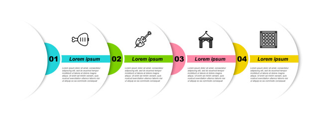 Wall Mural - Set line Chicken leg, Violin, Camping tent and Checkered napkin. Business infographic template. Vector