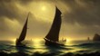 Vintage sailboat in the open sea under the night sky. Big full moon, reflection of light in the water. Fantasy sea landscape. 3D illustration.