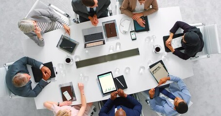 Aufkleber - Business people meeting, question feedback and planning ideas of staff company discussion, collaboration and talking in modern office. Above of executive workforce team, management and group strategy